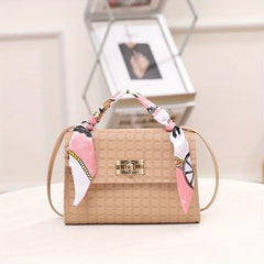 Plaid Embossed Square Bag Crossbody Bag With Scarf Decor