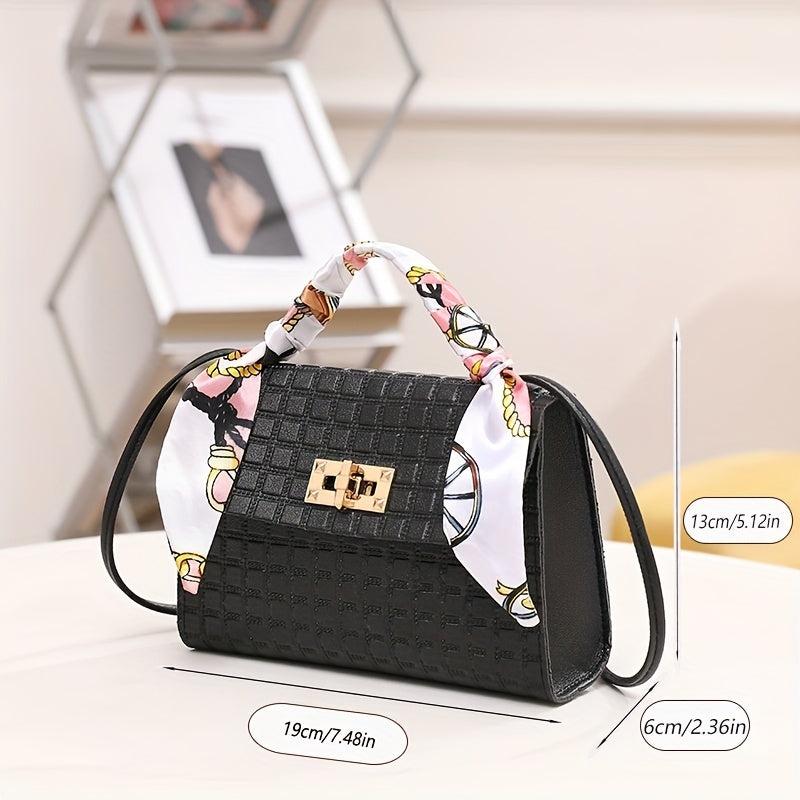 Plaid Embossed Square Bag Crossbody Bag With Scarf Decor