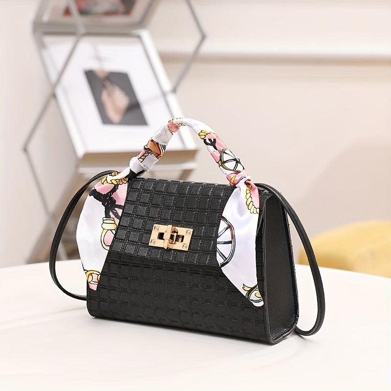 Plaid Embossed Square Bag Crossbody Bag With Scarf Decor
