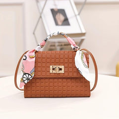 Plaid Embossed Square Bag Crossbody Bag With Scarf Decor