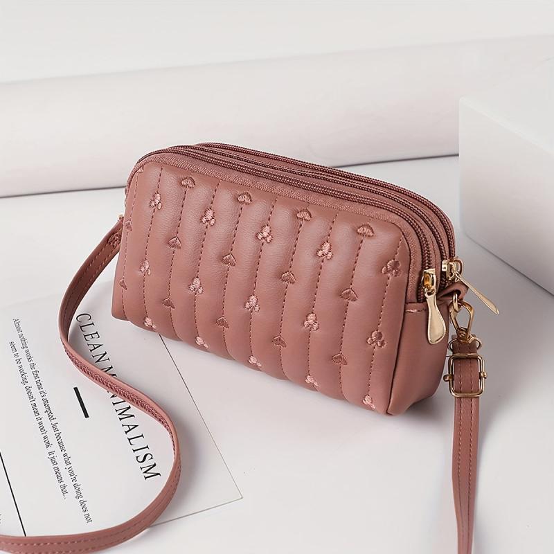 Love Embroidered Long Wallet Quilted Shoulder Bag Minimalist Purse