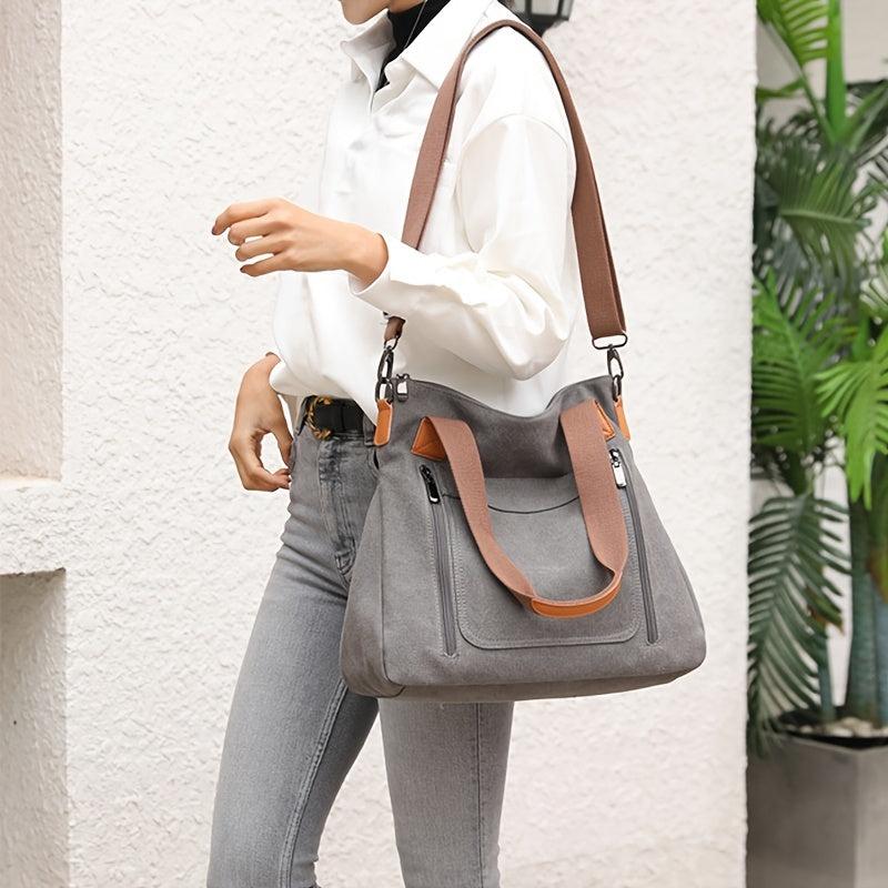 Two Tone Canvas Handbag Large Capacity Crossbody Bag Casual Shoulder Purse