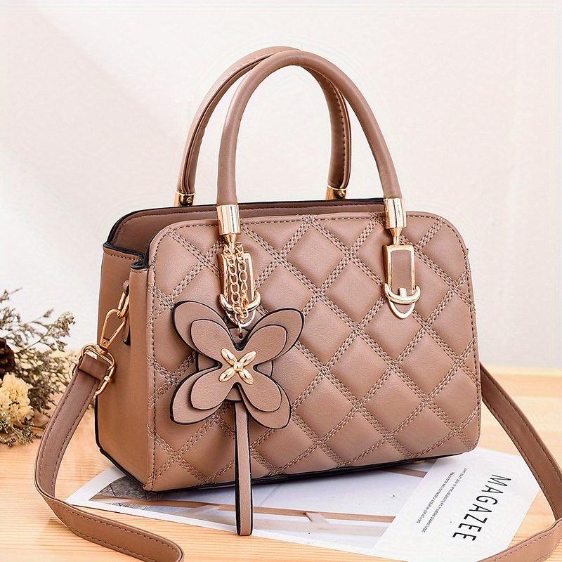 Argyle Quilted Handbag Butterfly Decor Crossbody Bag