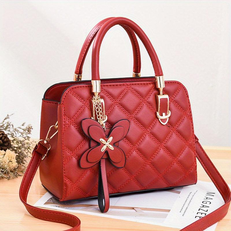 Argyle Quilted Handbag Butterfly Decor Crossbody Bag