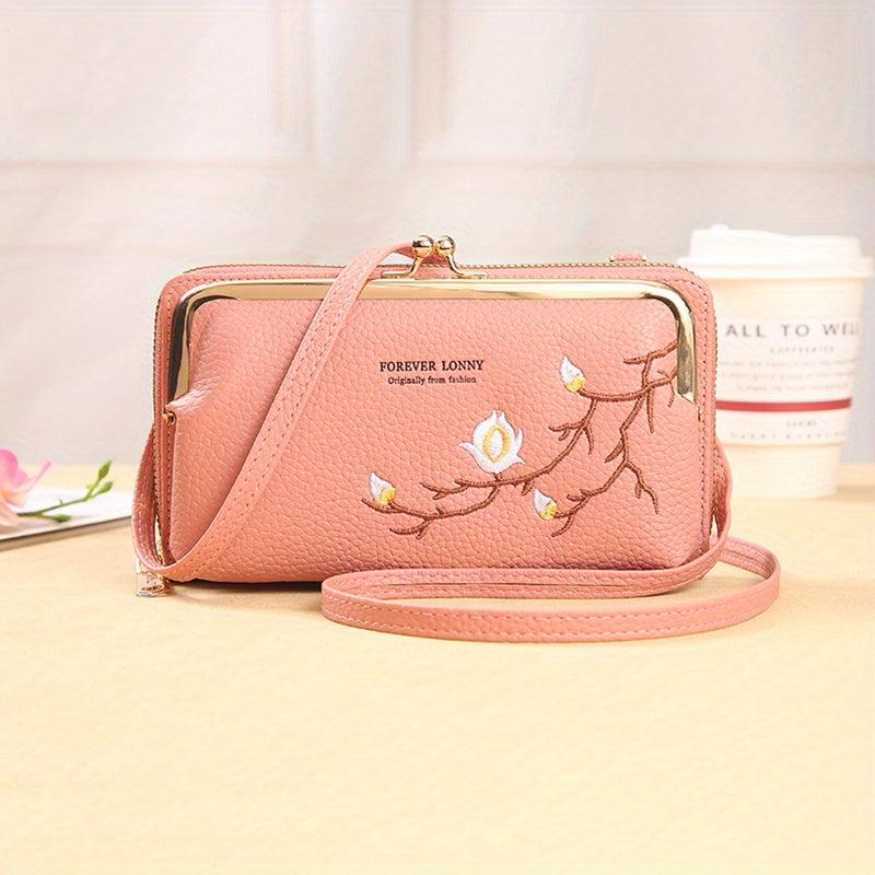 Floral Embroidery Long Wallet Crossbody Phone Bag Coin Purses
