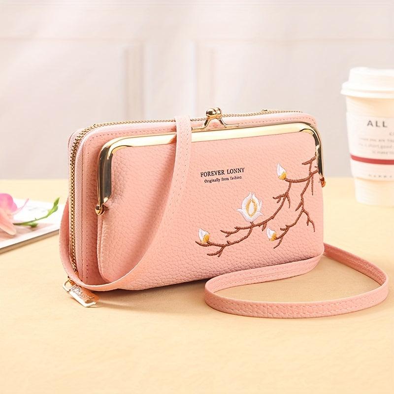 Floral Embroidery Long Wallet Crossbody Phone Bag Coin Purses