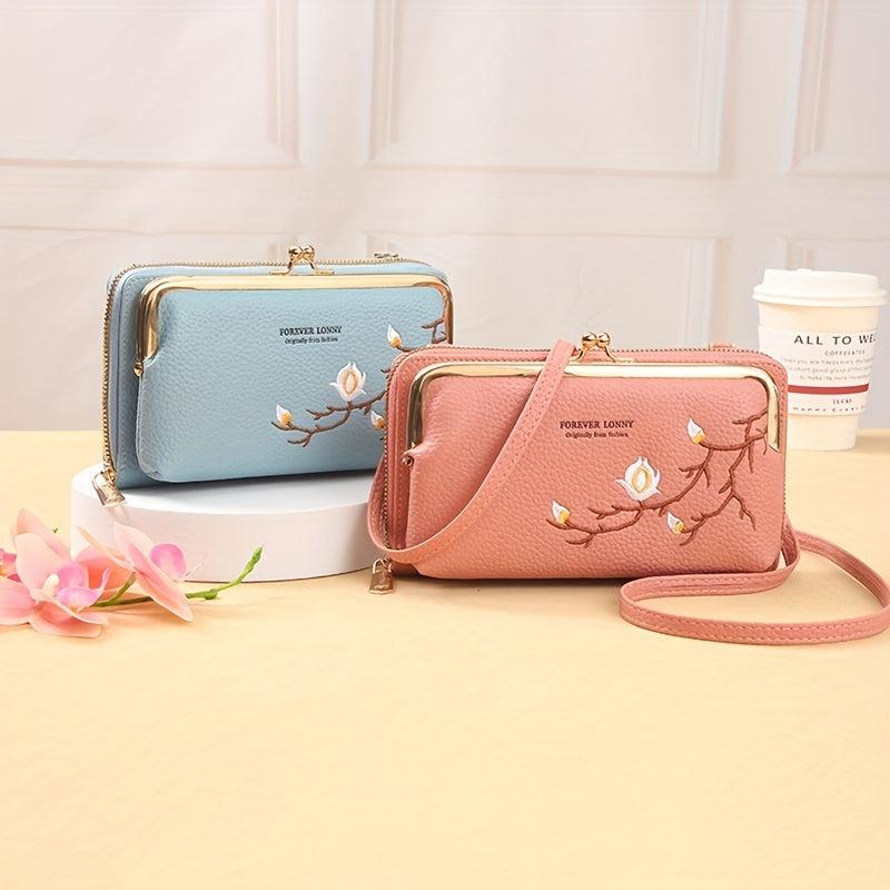 Floral Embroidery Long Wallet Crossbody Phone Bag Coin Purses