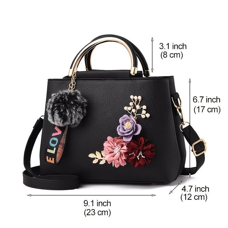 3D Flower Decor Handbag PU Crossbody Bag Top Handle Purse