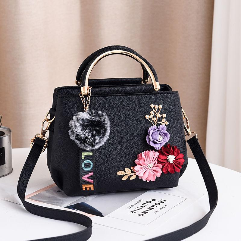 3D Flower Decor Handbag PU Crossbody Bag Top Handle Purse