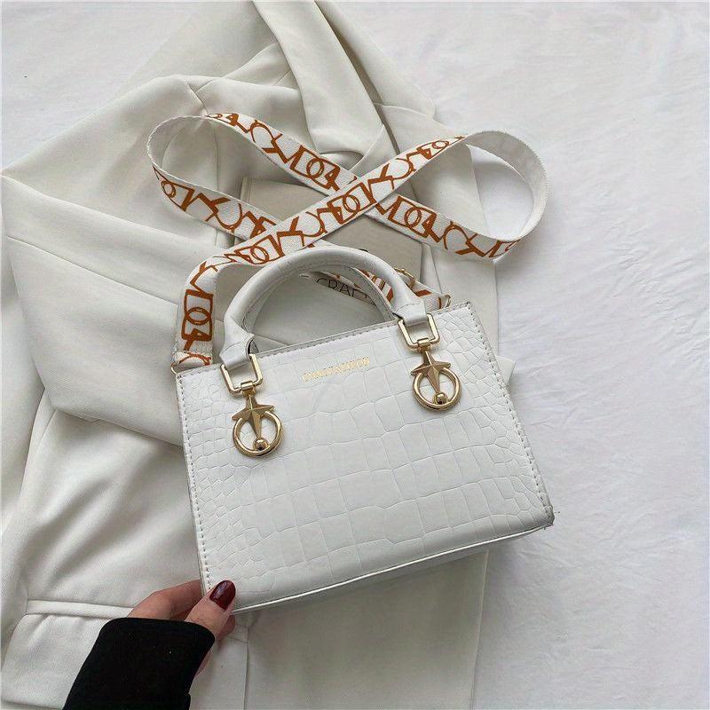 Crocodile Pattern Handbag Wide Strap Crossbody Bag Top Handle Satchel Purse