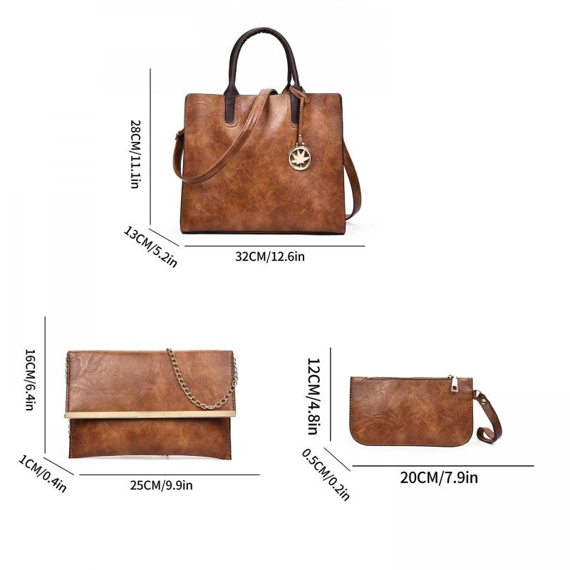 3Pcs Solid Handbag Set Vintage PU Tote Bag Crossbody Pouch Clutch Purse