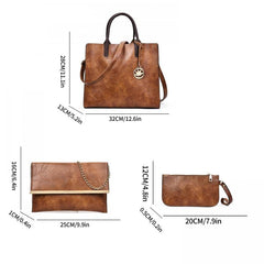 3Pcs Solid Handbag Set Vintage PU Tote Bag Crossbody Pouch Clutch Purse