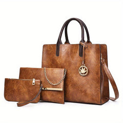 3Pcs Solid Handbag Set Vintage PU Tote Bag Crossbody Pouch Clutch Purse