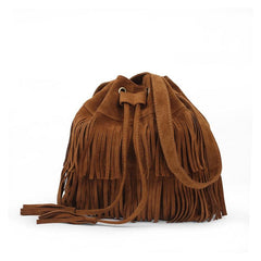 Suede Fringe Trim Bucket Crossbody Bag Vintage Drawstring Purse