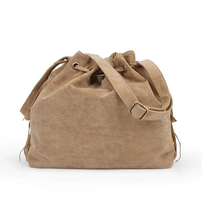 Suede Fringe Trim Bucket Crossbody Bag Vintage Drawstring Purse