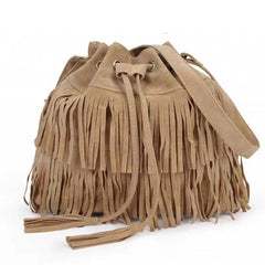 Suede Fringe Trim Bucket Crossbody Bag Vintage Drawstring Purse