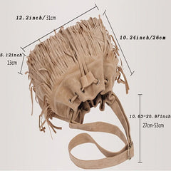 Suede Fringe Trim Bucket Crossbody Bag Vintage Drawstring Purse