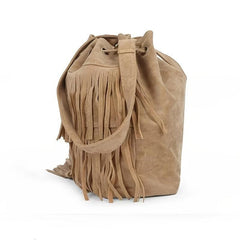 Suede Fringe Trim Bucket Crossbody Bag Vintage Drawstring Purse