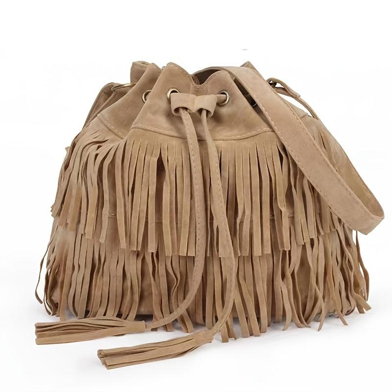 Suede Fringe Trim Bucket Crossbody Bag Vintage Drawstring Purse