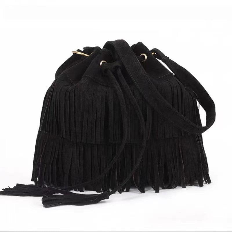 Suede Fringe Trim Bucket Crossbody Bag Vintage Drawstring Purse