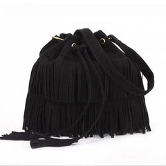 Suede Fringe Trim Bucket Crossbody Bag Vintage Drawstring Purse