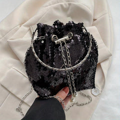 Sequin Chain Bucket Bag Drawstring Crossbody Top Ring Clutch