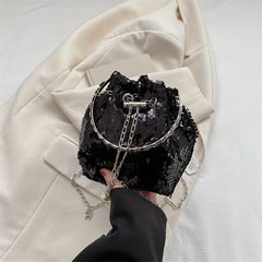 Sequin Chain Bucket Bag Drawstring Crossbody Top Ring Clutch