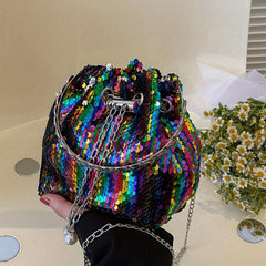 Sequin Chain Bucket Bag Drawstring Crossbody Top Ring Clutch