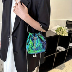 Sequin Chain Bucket Bag Drawstring Crossbody Top Ring Clutch