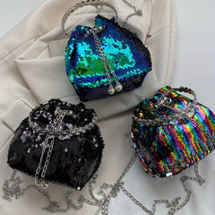 Sequin Chain Bucket Bag Drawstring Crossbody Top Ring Clutch