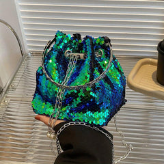 Sequin Chain Bucket Bag Drawstring Crossbody Top Ring Clutch
