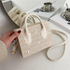 Daisy Embroidery Straw Square Bag Minimalist Bohemian Crossbody Bag