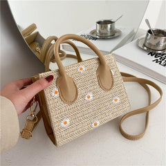 Daisy Embroidery Straw Square Bag Minimalist Bohemian Crossbody Bag