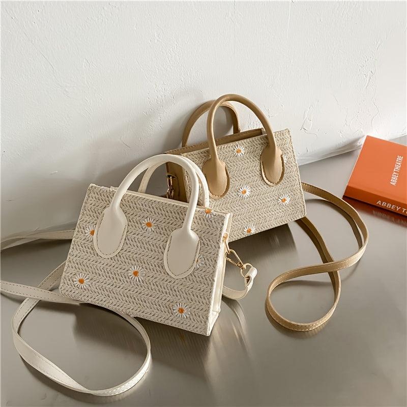 Daisy Embroidery Straw Square Bag Minimalist Bohemian Crossbody Bag
