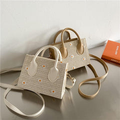 Daisy Embroidery Straw Square Bag Minimalist Bohemian Crossbody Bag
