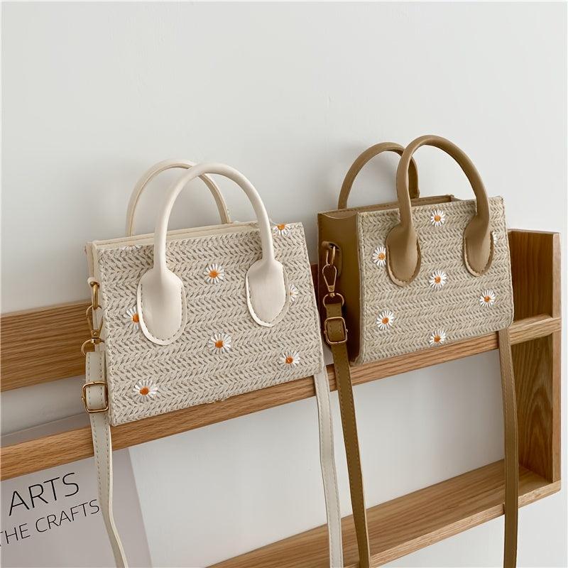 Daisy Embroidery Straw Square Bag Minimalist Bohemian Crossbody Bag