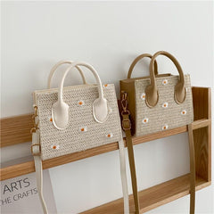 Daisy Embroidery Straw Square Bag Minimalist Bohemian Crossbody Bag