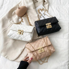 Argyle Quilted Crossbody Bag Chain Shoulder Bag Women's Buckle Decor Flap Purses