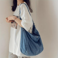 Large Capacity Denim Canvas Crossbody Bag Student Tote Bag