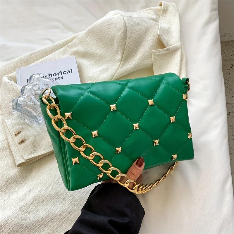 Argyle Embossed Rivet Decor Square Bag Chain Flap Shoulder Bag