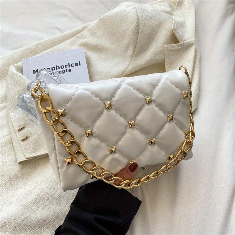 Argyle Embossed Rivet Decor Square Bag Chain Flap Shoulder Bag