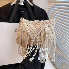 Bohemian Tassel Decor Woven Shoulder Bag