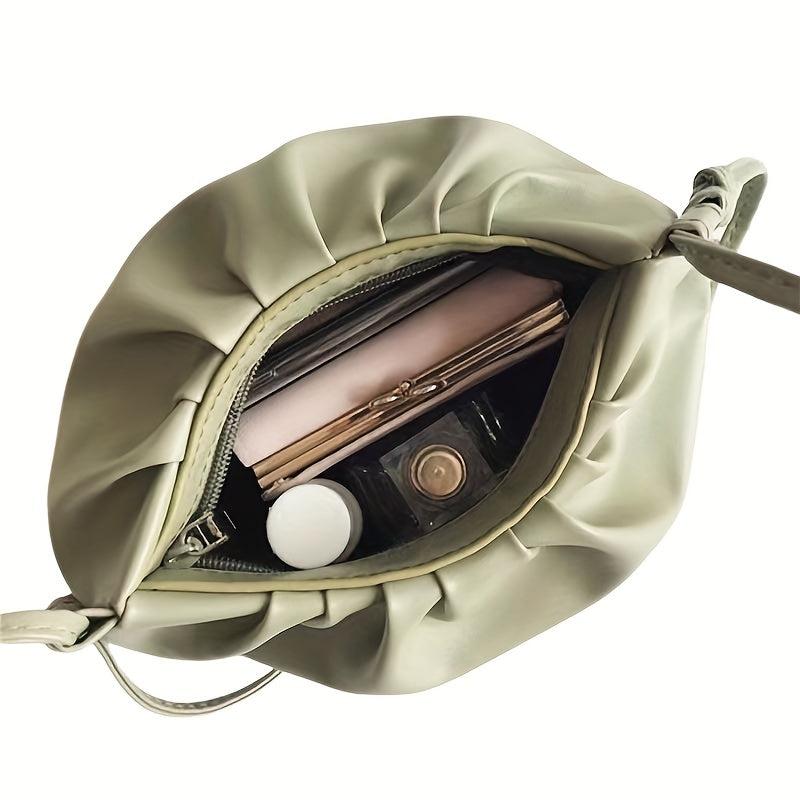 Pleated Zipper Crossbody Bag PU Textured Purse Shoulder Bag