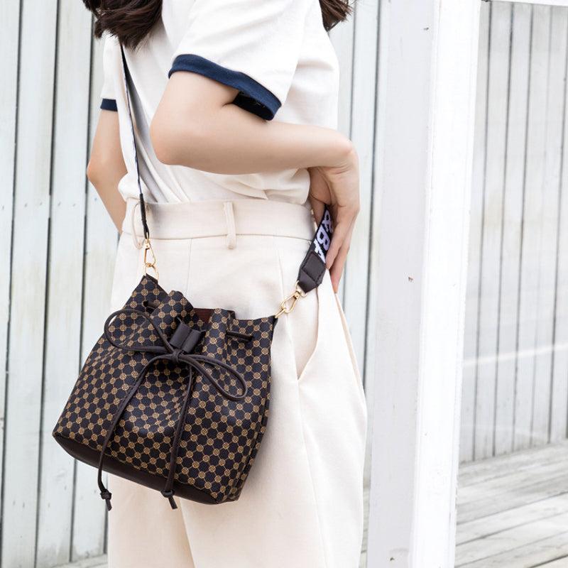 Geometric Pattern Mini Bucket Bag Faux Leather Crossbody Shoulder Bag