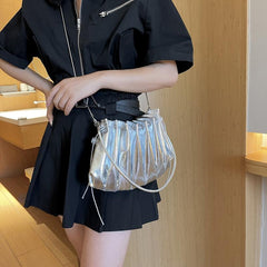 Metallic Ruched Bucket Bag Crossbody Shoulder Purse