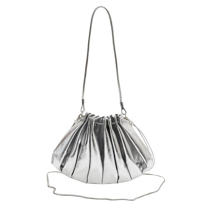 Metallic Ruched Bucket Bag Crossbody Shoulder Purse