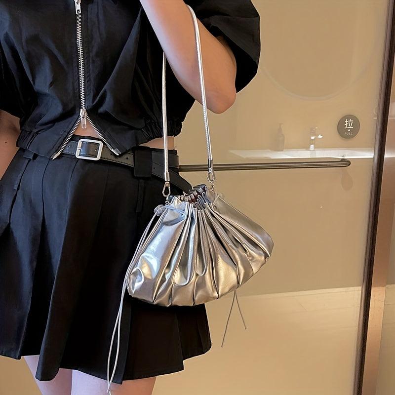 Metallic Ruched Bucket Bag Crossbody Shoulder Purse