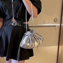 Metallic Ruched Bucket Bag Crossbody Shoulder Purse