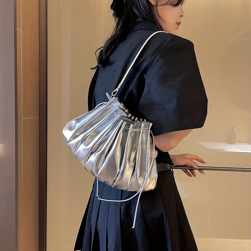 Metallic Ruched Bucket Bag Crossbody Shoulder Purse
