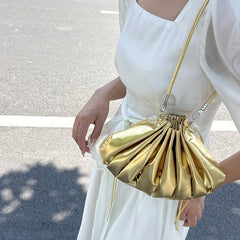 Metallic Ruched Bucket Bag Crossbody Shoulder Purse